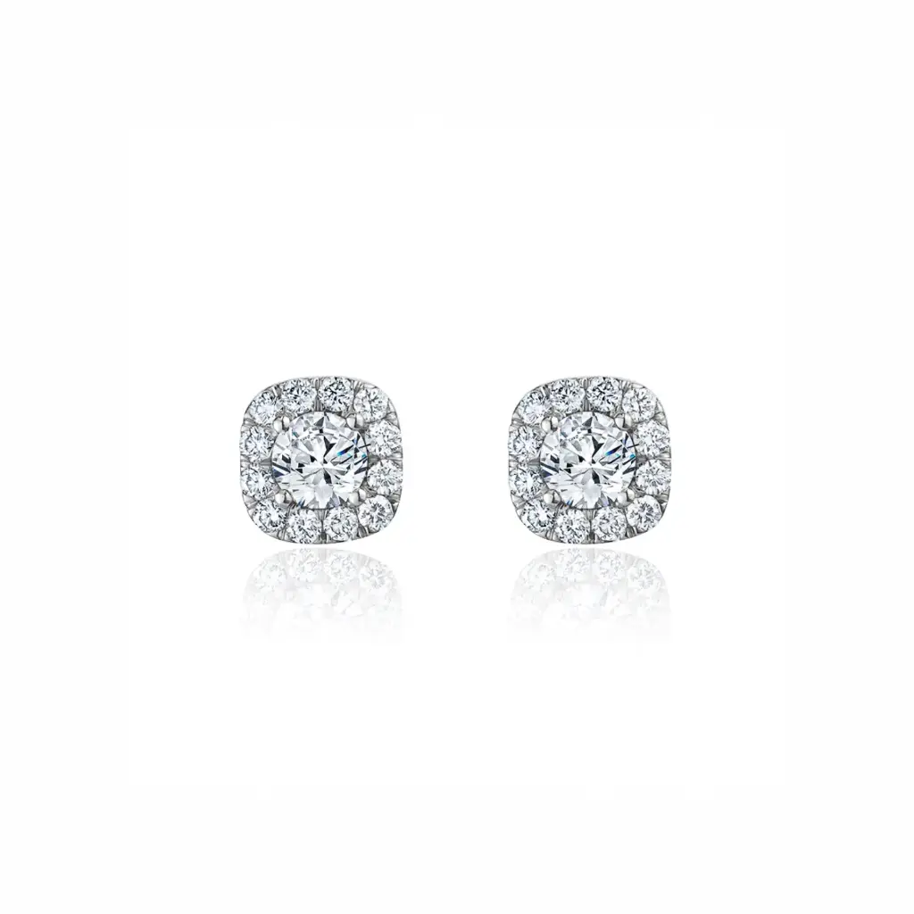 Round Cut Moissanite Square Halo Italian Silver Studs (0.5, 925 Italian Silver)
